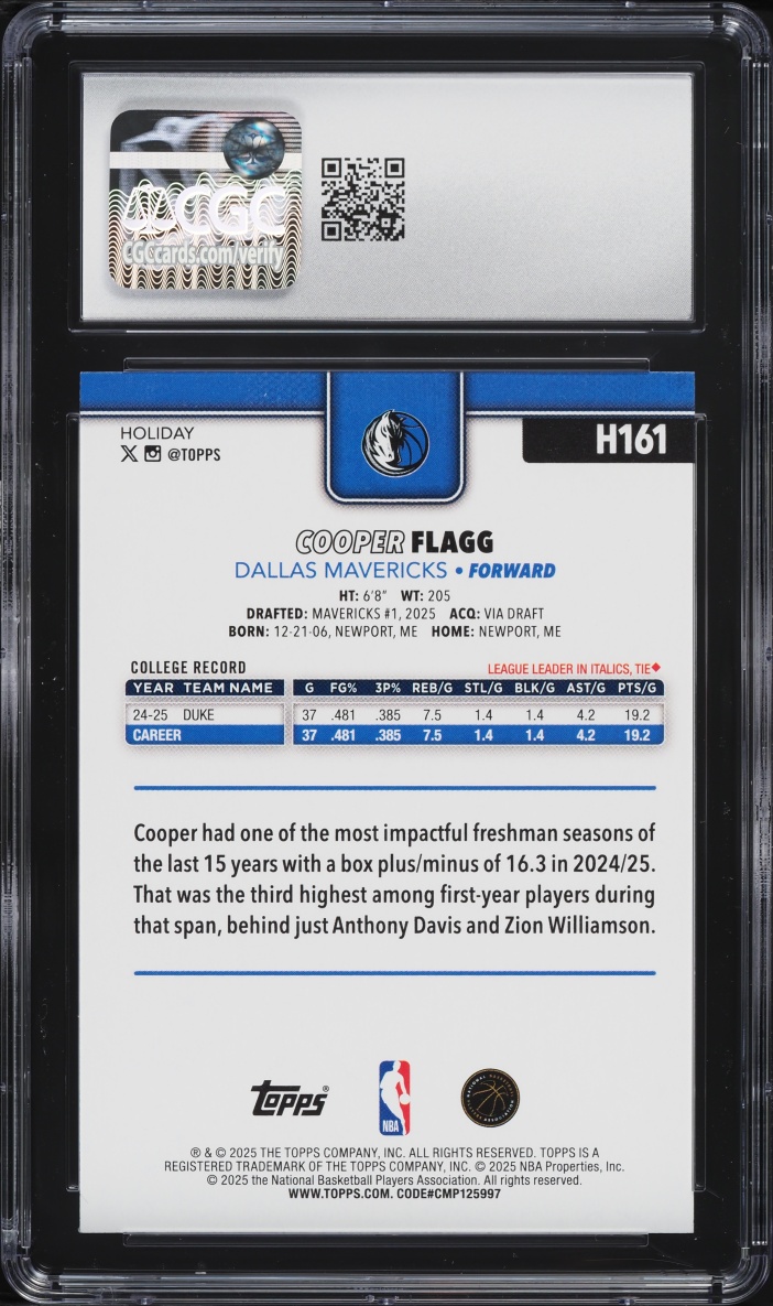 2025 Topps Holiday Cooper Flagg ROOKIE #H161 CGC 10 GEM MINT
