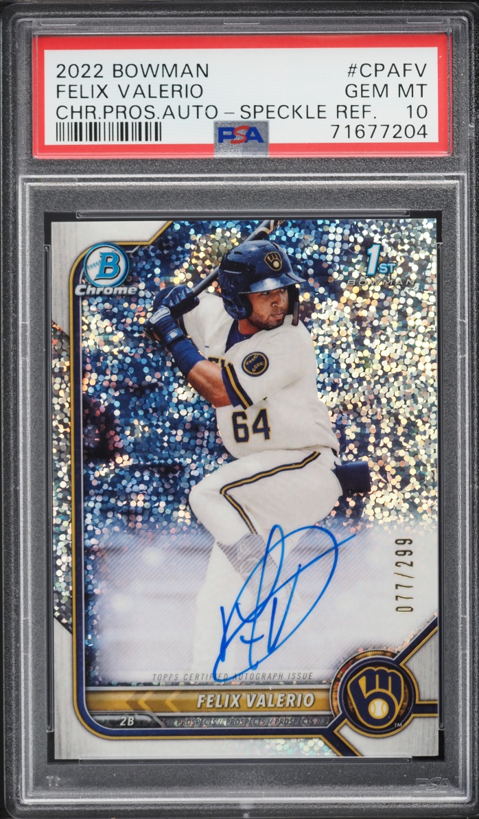2022 Bowman Chrome Speckle Refractor Felix Valerio PROSPECT AUTO /299 #CPA-FV PSA 10 GEM MINT