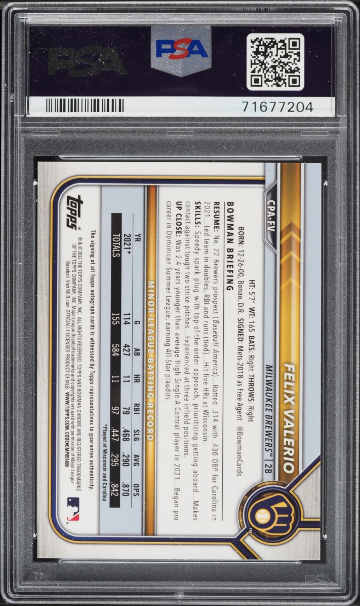 2022 Bowman Chrome Speckle Refractor Felix Valerio PROSPECT AUTO /299 #CPA-FV PSA 10 GEM MINT