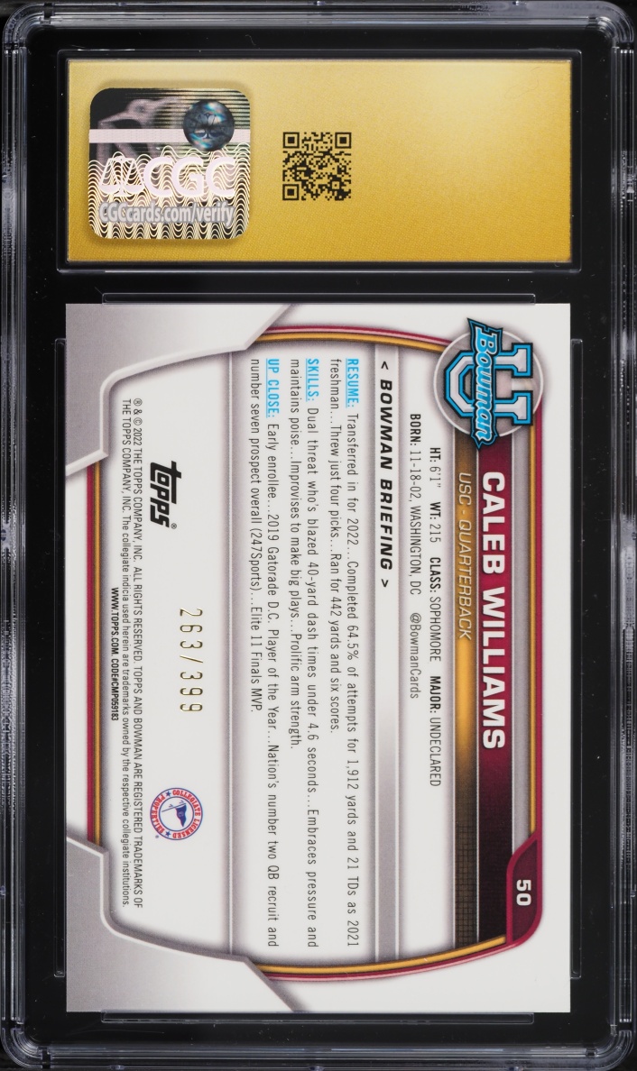 2022 Bowman Chrome U Purple Mini-Diamond Refractor Caleb Williams ROOKIE /399 CGC 10 PRISTINE