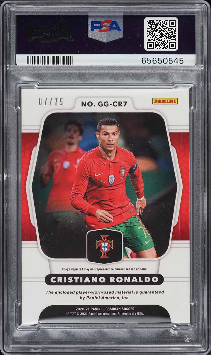 2020 Panini Obsidian Galaxy E/E Purple Cristiano Ronaldo PATCH JSY # 7/75 PSA 7