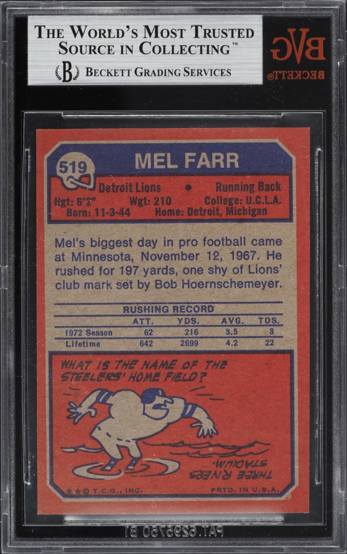 1973 Topps Football Mel Farr #519 BVG 8.5 NM-MT+
