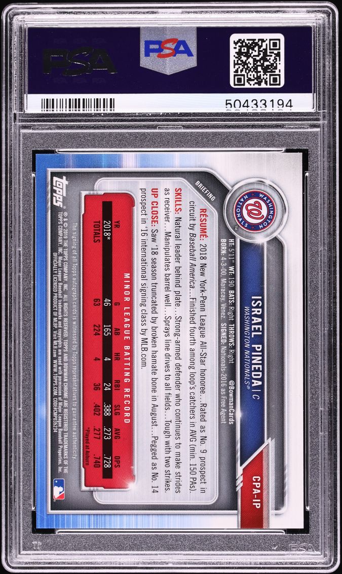 2019 Bowman Chrome Israel Pineda PROSPECT AUTO #CPA-IP PSA 10 GEM MINT