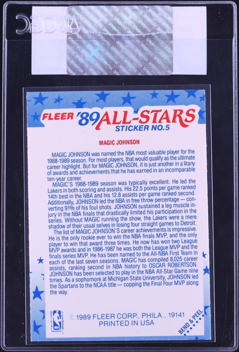 1989 Fleer Stickers Magic Johnson ALL-STAR #5 CGC AUTH