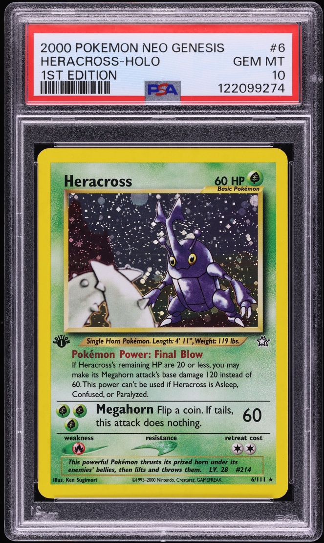 2000 Pokemon Neo Genesis 1st Edition Holo Heracross #6 PSA 10 GEM MINT