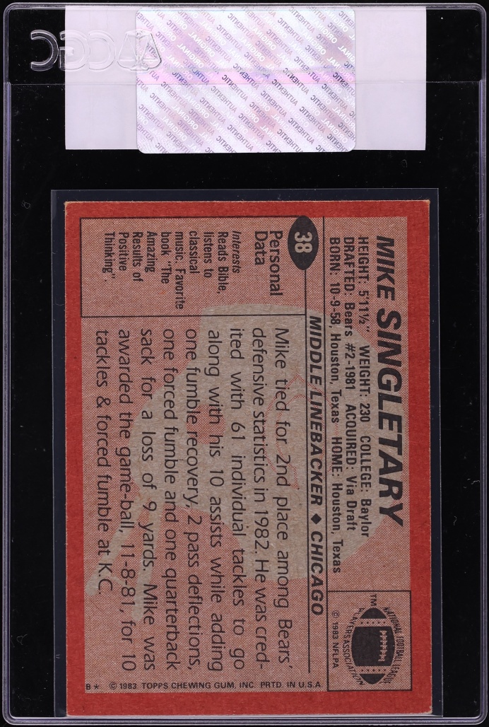 1983 Topps Football Mike Singletary ROOKIE #38 CGC AUTH