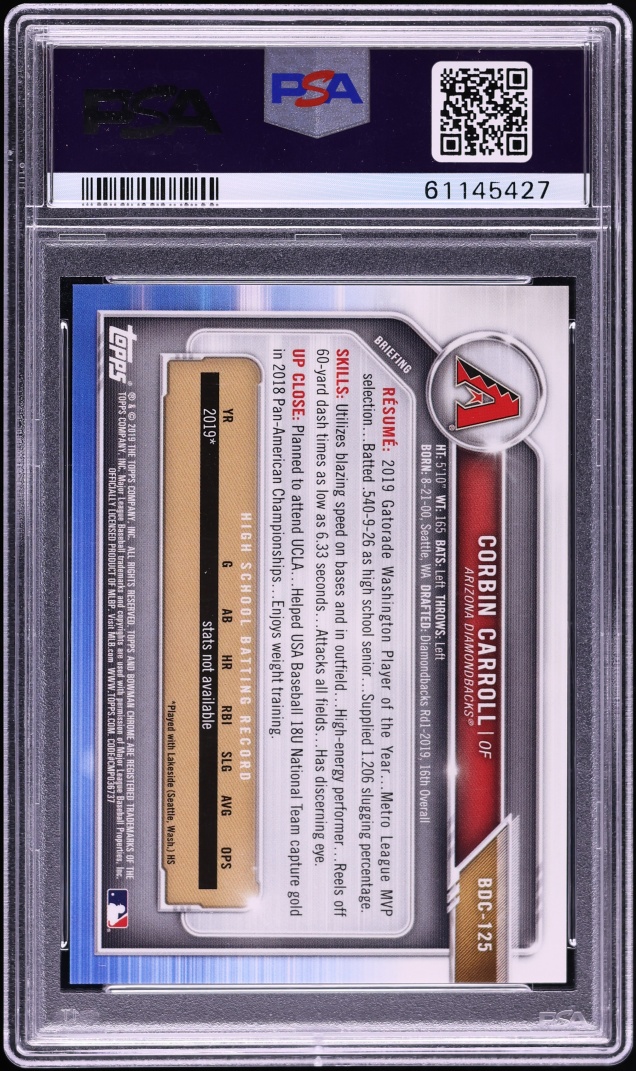 2019 Bowman Chrome Asia Refractor Corbin Carroll PROSPECT #BDC-125 PSA 10 GEM MINT