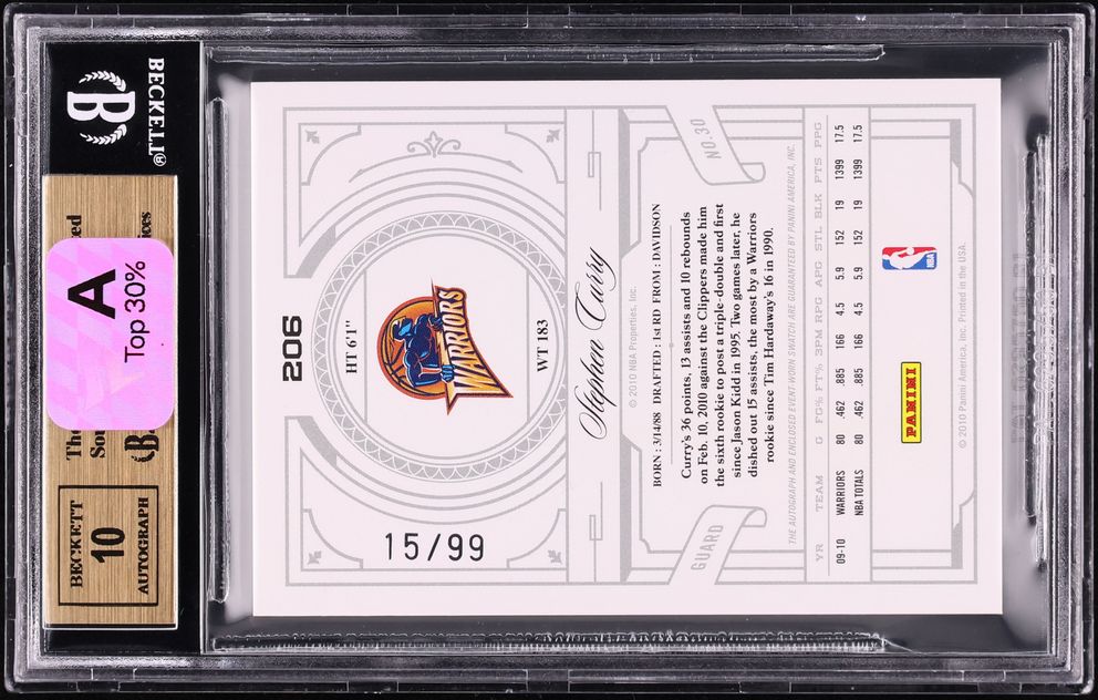 2009 National Treasures Stephen Curry ROOKIE PATCH AUTO /99 #206 BGS 9.5 GEM MINT