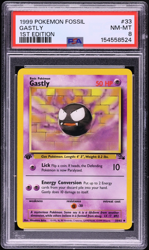1999 Pokemon Fossil 1st Edition Gastly #33 PSA 8 NM-MT