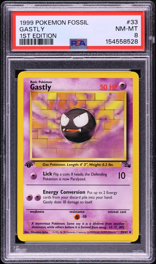 1999 Pokemon Fossil 1st Edition Gastly #33 PSA 8 NM-MT
