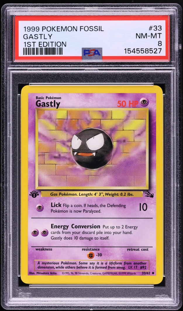 1999 Pokemon Fossil 1st Edition Gastly #33 PSA 8 NM-MT
