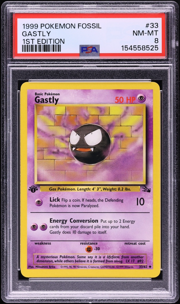1999 Pokemon Fossil 1st Edition Gastly #33 PSA 8 NM-MT