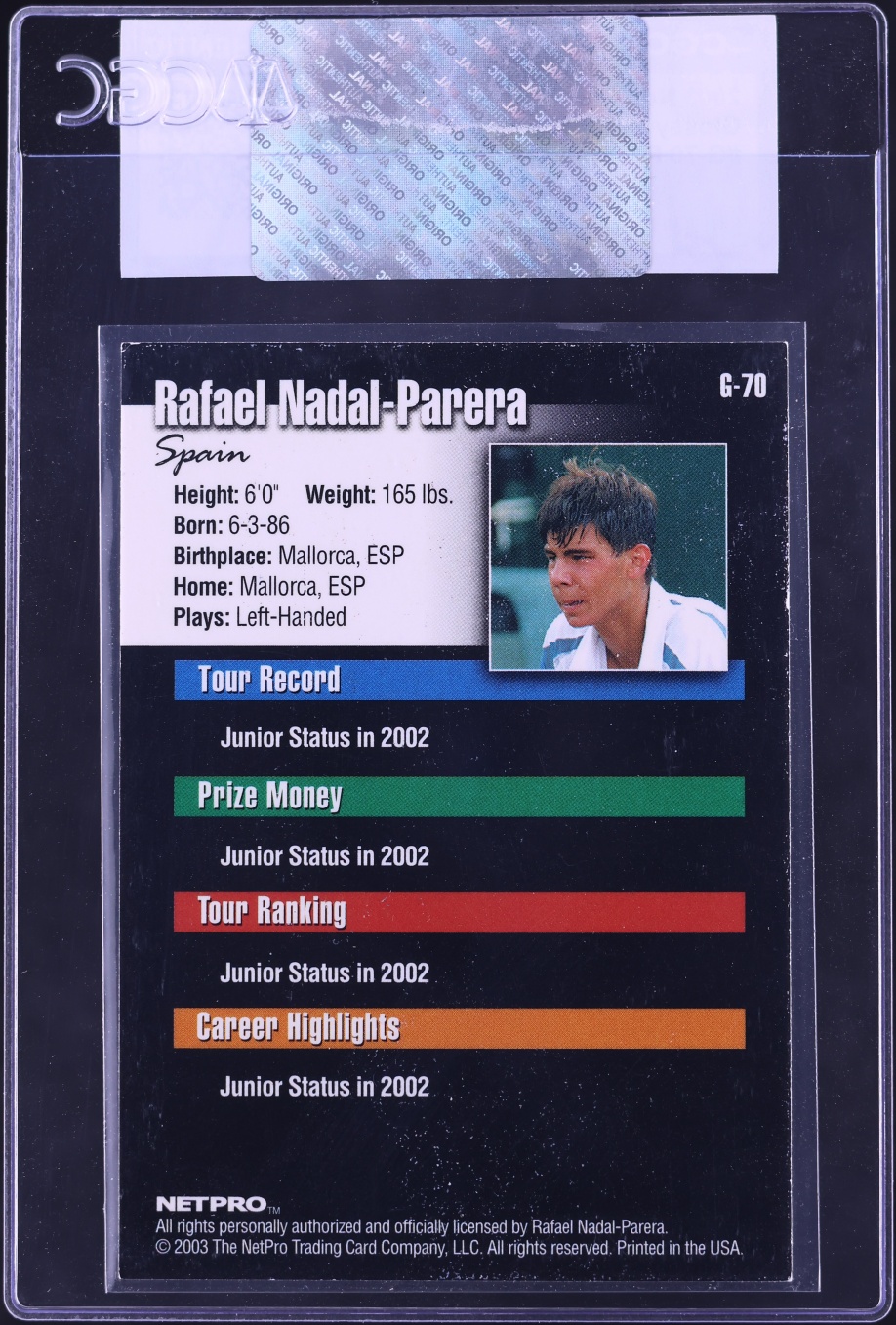 2003 Netpro Glossy Rafael Nadal-Parera ROOKIE #G-70 CGC AUTH