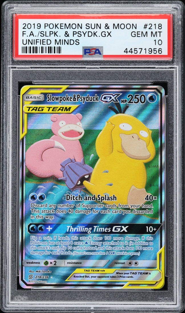 2019 Pokemon Sun & Moon Unified Minds Full Art Slowpoke & Psyduck GX #218 PSA 10 GEM MINT