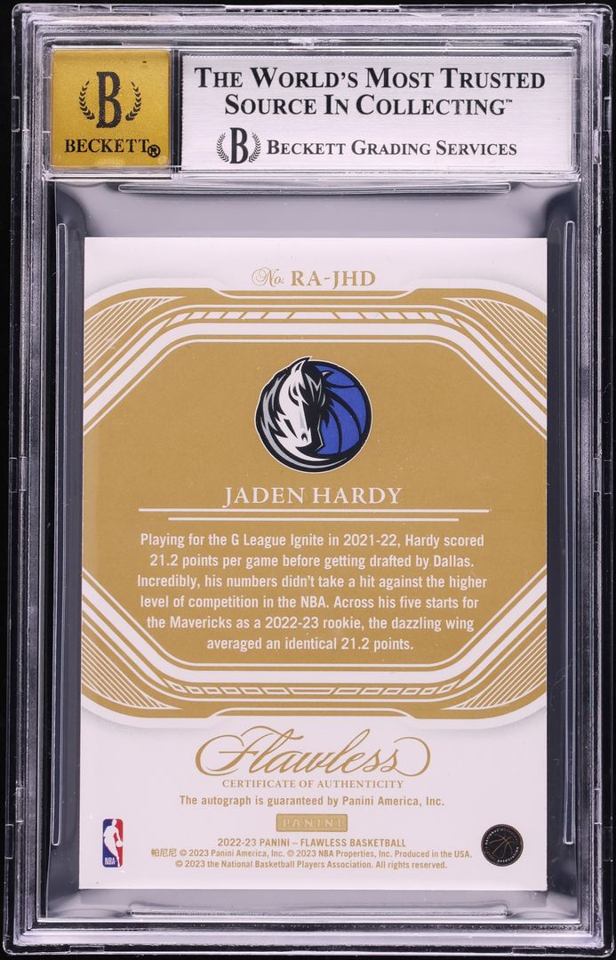 2022 Panini Flawless Emerald Jaden Hardy ROOKIE AUTO /5 #RA-JHD BGS 8 NM-MT - Photo 2