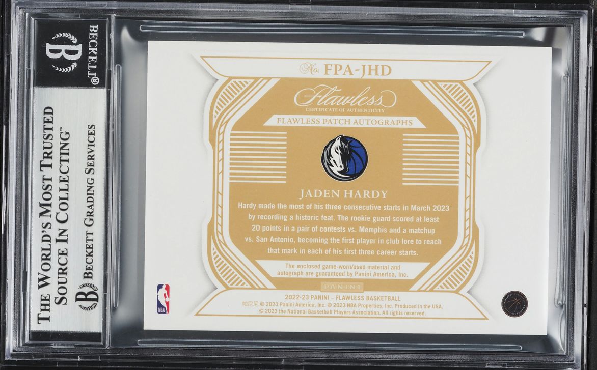 2022 Panini Flawless Flawless Jaden Hardy ROOKIE PATCH AUTO /25 #5 BGS 8 NM-MT - Photo 2
