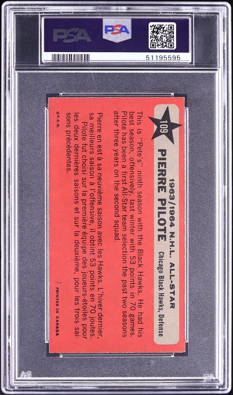 1964 Topps Hockey Pierre Pilote ALL-STAR #109 PSA 7 NRMT