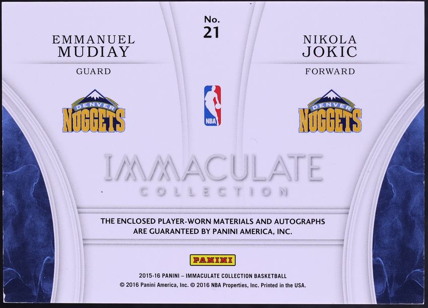 2015 Immaculate Collection Emmanuel Mudiay Nikola Jokic RC NBA LOGOMAN PATCH AUTO 1/1 CGC AUTH