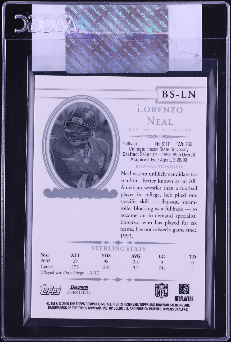 2006 Bowman Sterling Lorenzo Neal PATCH #BS-LN CGC AUTH
