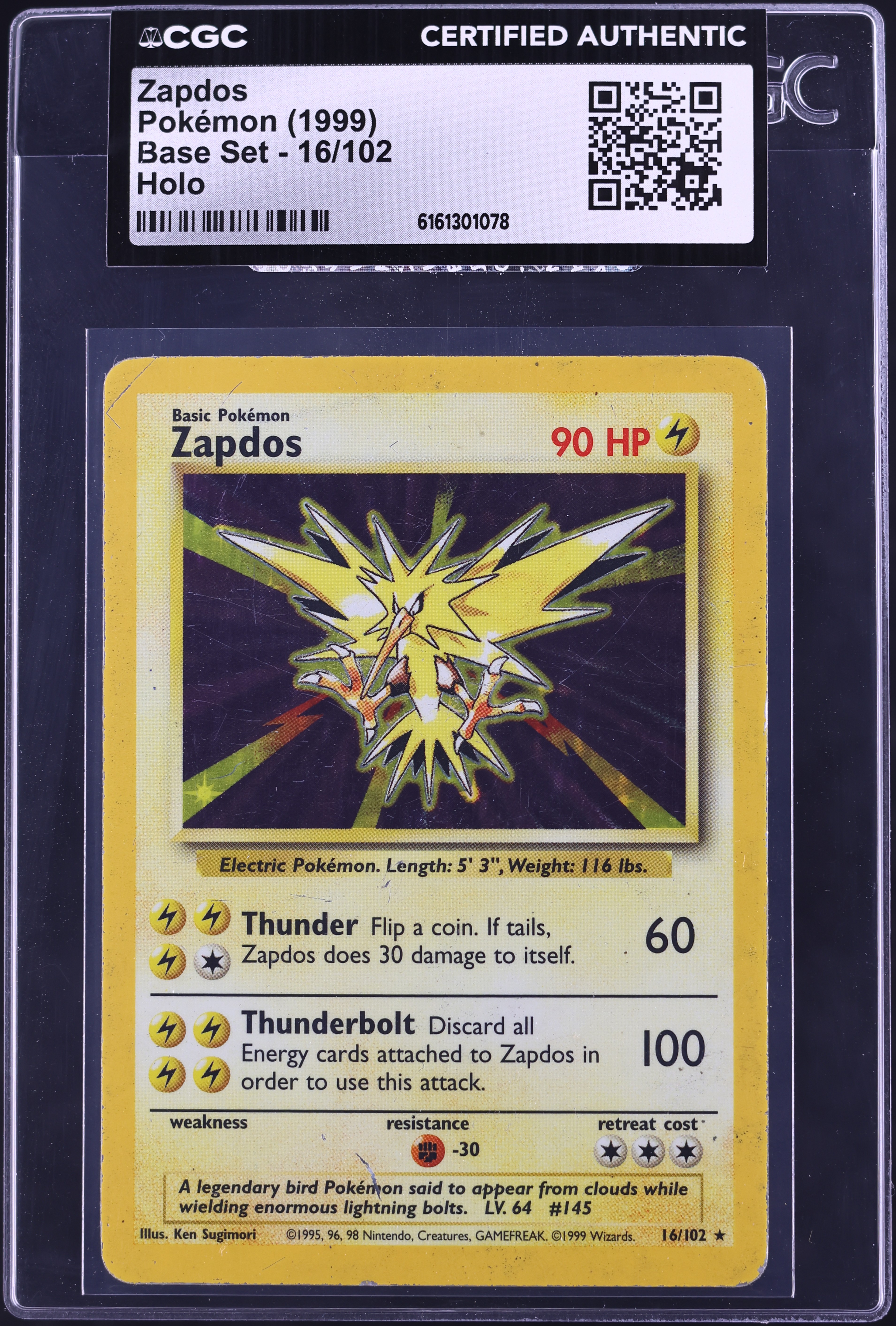 1999 Pokemon Base Set Holo Zapdos #16 CGC AUTH