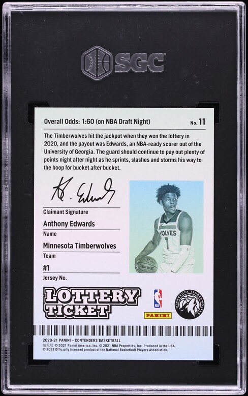 2020 Panini Contenders Lottery Ticket Anthony Edwards ROOKIE #11 SGC 10 GEM MINT