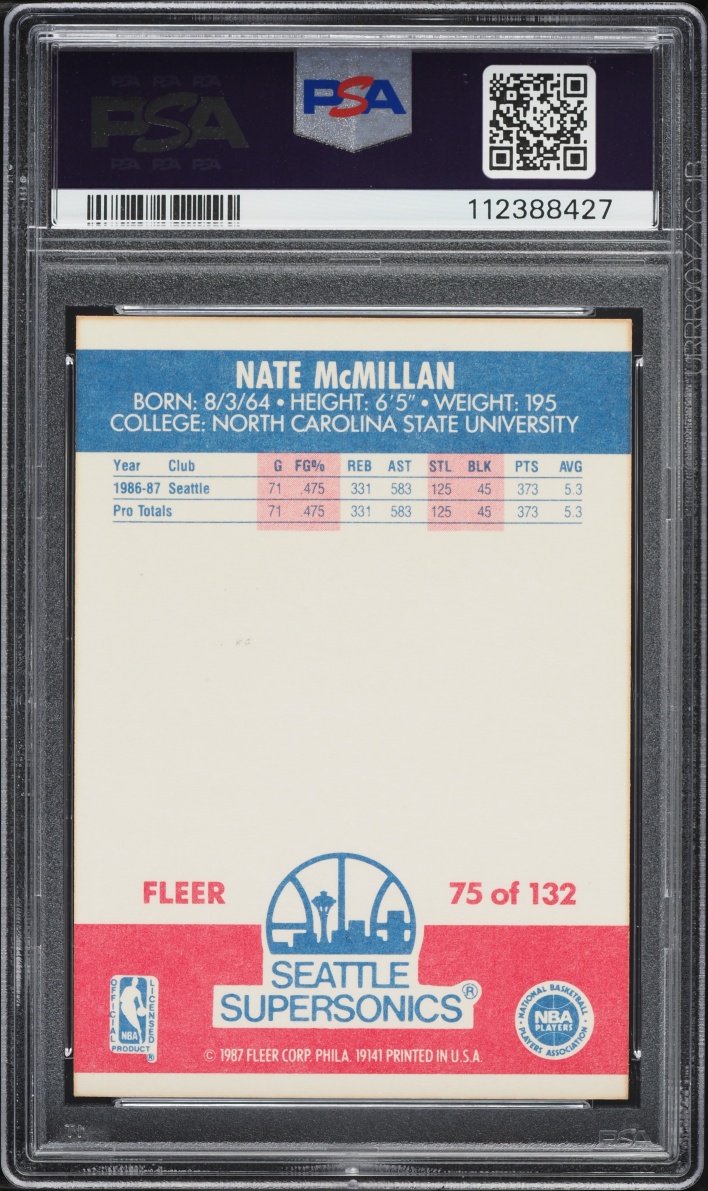 1987 Fleer Basketball Nate McMillan ROOKIE #75 PSA 8 NM-MT