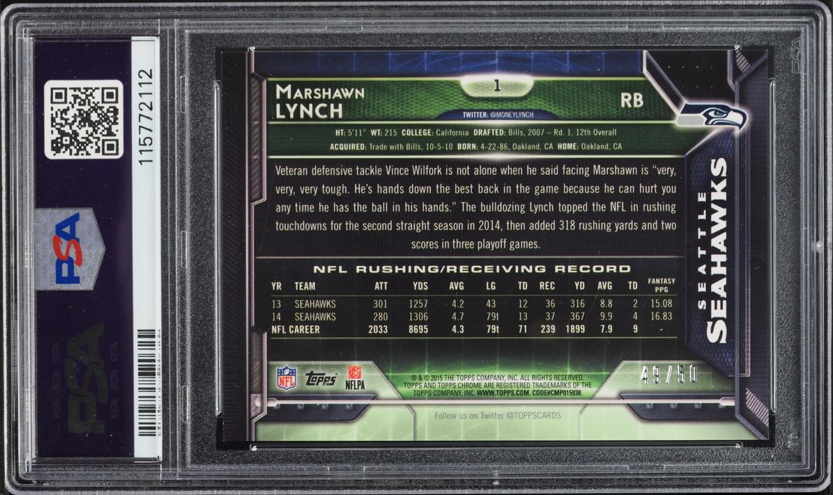 2015 Topps Chrome Gold Refractor Marshawn Lynch /50 #1 PSA 9 MINT