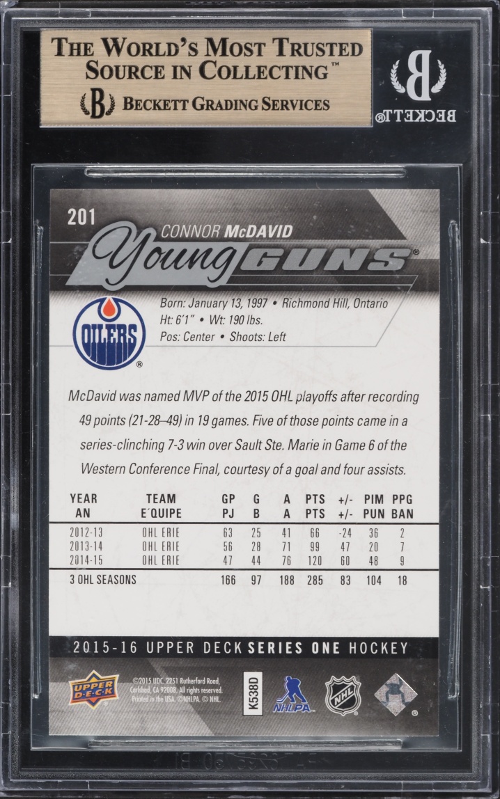 2015 Upper Deck Young Guns Connor McDavid ROOKIE #201 BGS 10 PRISTINE