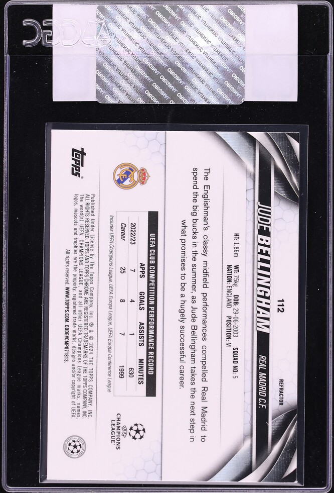 2023 Topps Chrome UEFA Club Competitions Refractor Jude Bellingham #112 CGC AUTH