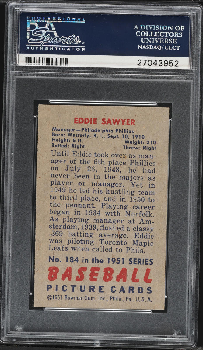 1951 Bowman Eddie Sawyer #184 PSA 7 NRMT