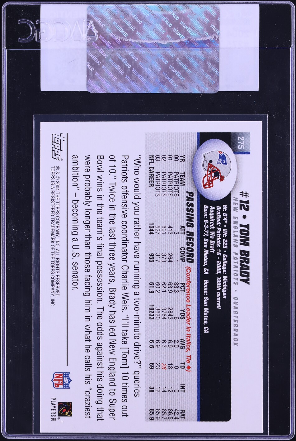 2004 Topps Football Tom Brady #275 CGC AUTH