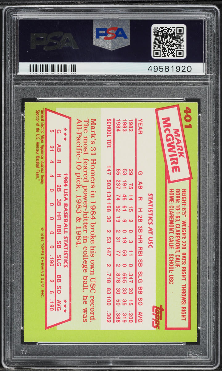 1985 Topps Tiffany Mark McGwire ROOKIE #401 PSA 7 NRMT