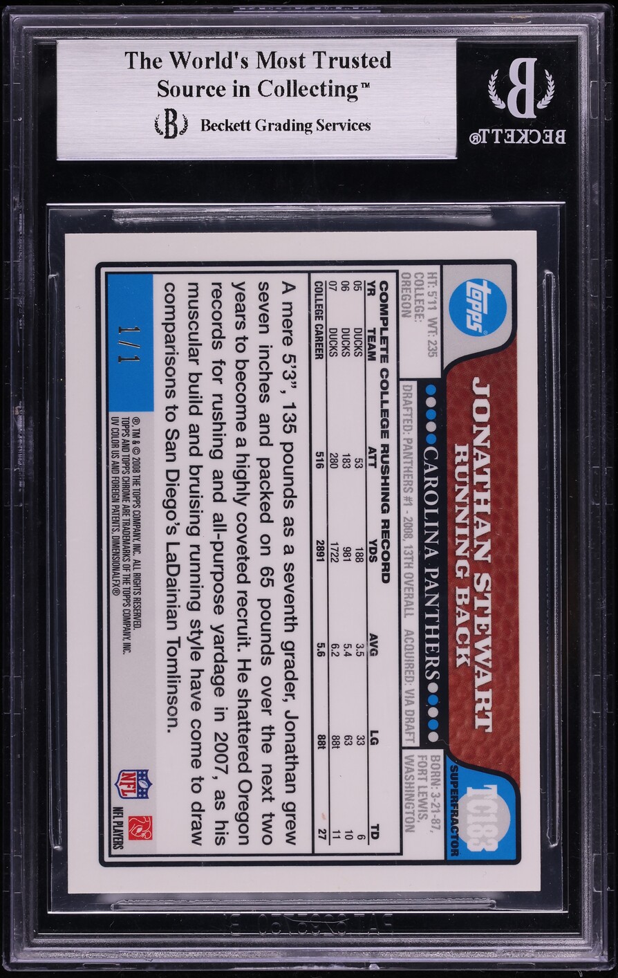 2008 Topps Chrome Superfractors Jonathan Stewart ROOKIE 1/1 #TC183 BGS 9 MINT