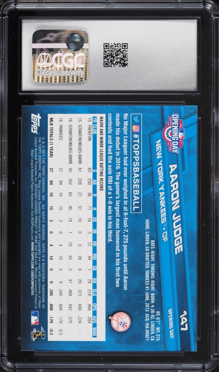 2017 Topps Opening Day Aaron Judge ROOKIE #147 CGC 10 GEM MINT
