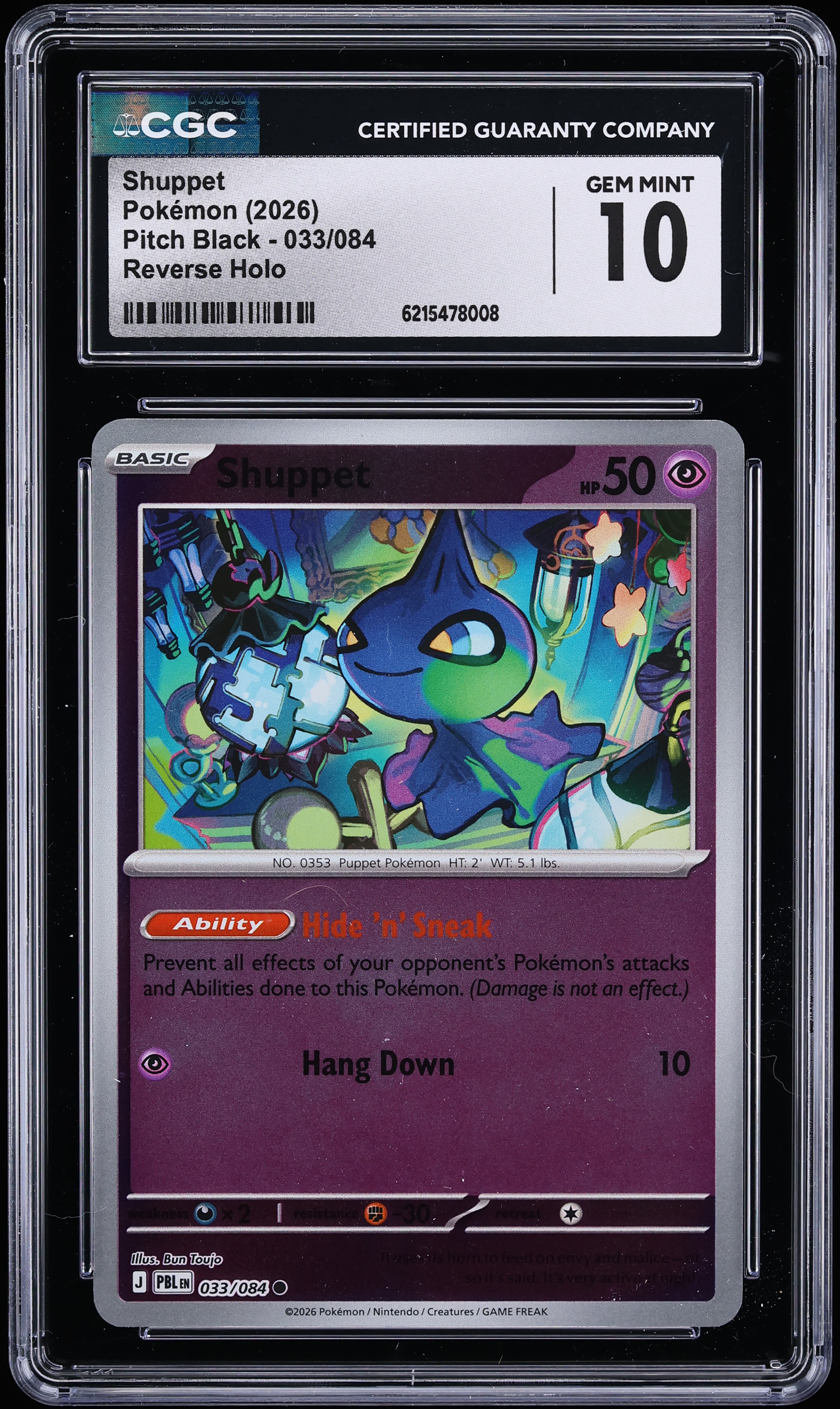 2026 Pokemon Mega Evolution Pitch Black Reverse Holo Shuppet #33 CGC 10 GEM MINT