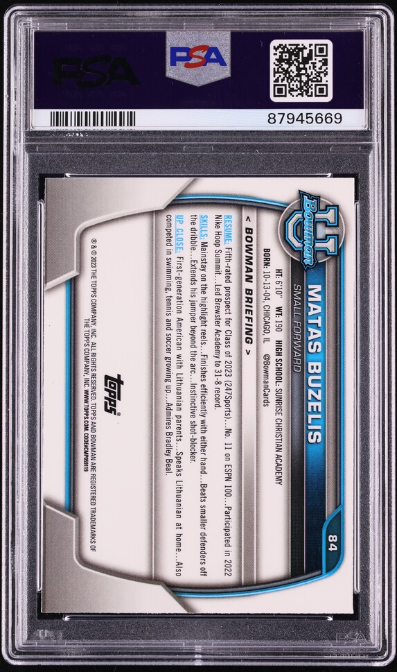 2022 Bowman University Pink Refractor Matas Buzelis ROOKIE #84 PSA 9 MINT