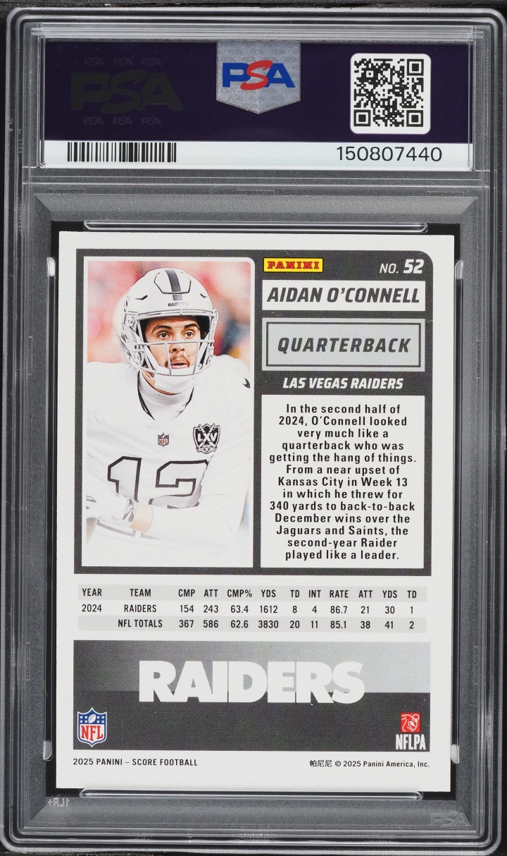 2025 Score Stars Aidan O'Connell /499 #52 PSA 8 NM-MT