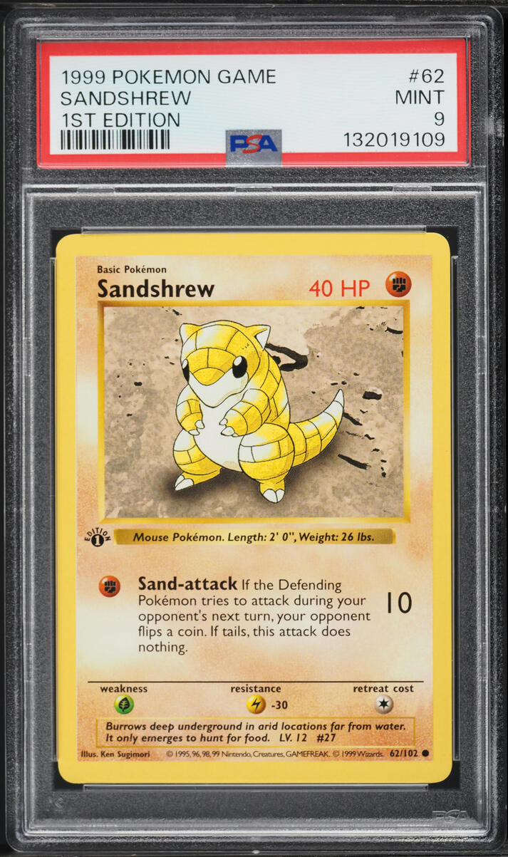 1999 Pokemon Base Set Shadowless 1st Edition Sandshrew #62 PSA 9 MINT