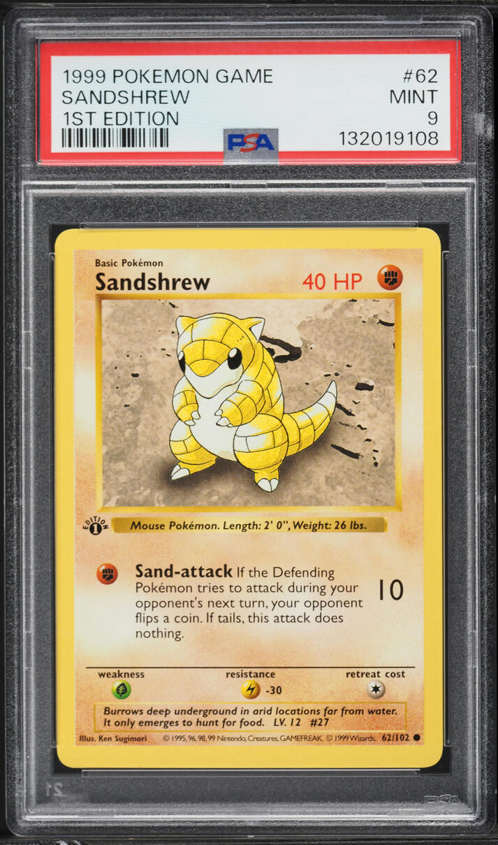 1999 Pokemon Base Set Shadowless 1st Edition Sandshrew #62 PSA 9 MINT