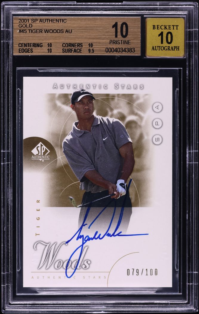 2001 SP Authentic Gold Tiger Woods ROOKIE AUTO /100 #45 BGS 10 PRISTINE