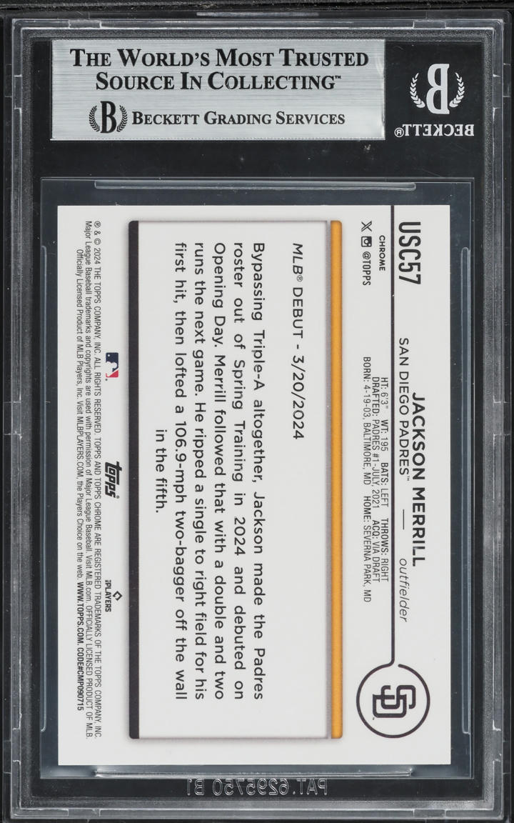 2024 Topps Chrome Update Superfractor Jackson Merrill ROOKIE 1/1 #USC57 BGS 9 MINT - Photo 2