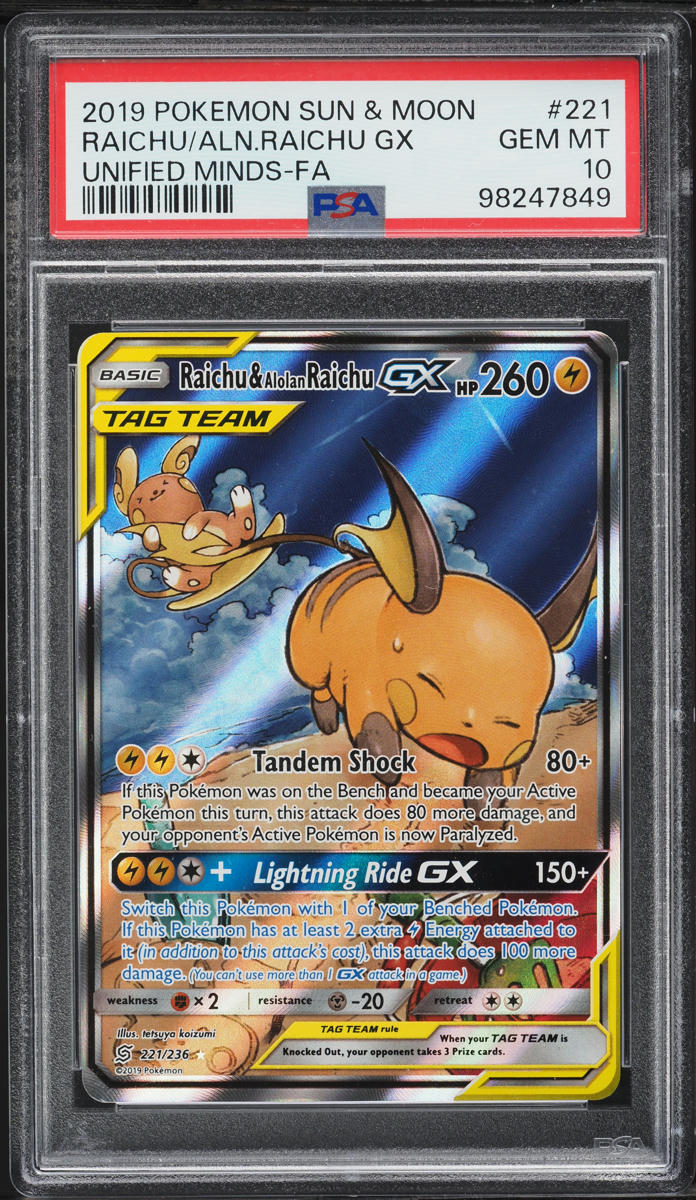 2019 Pokemon SM Unified Minds Alt Art Raichu & Alolan Raichu GX #221 PSA 10 GEM