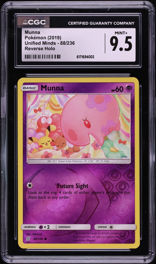 2019 Pokemon Sun & Moon Unified Minds Reverse Holo Munna #88 CGC 9.5 MINT+