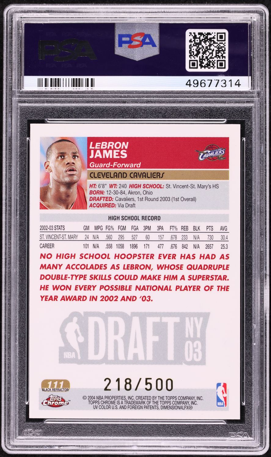 2003 Topps Chrome Black Refractor LeBron James ROOKIE /500 #111 PSA 8.5 NM-MT+