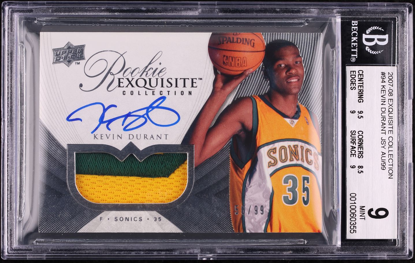 2007 Exquisite Collection Kevin Durant ROOKIE PATCH AUTO /99 #94 BGS 9 ...