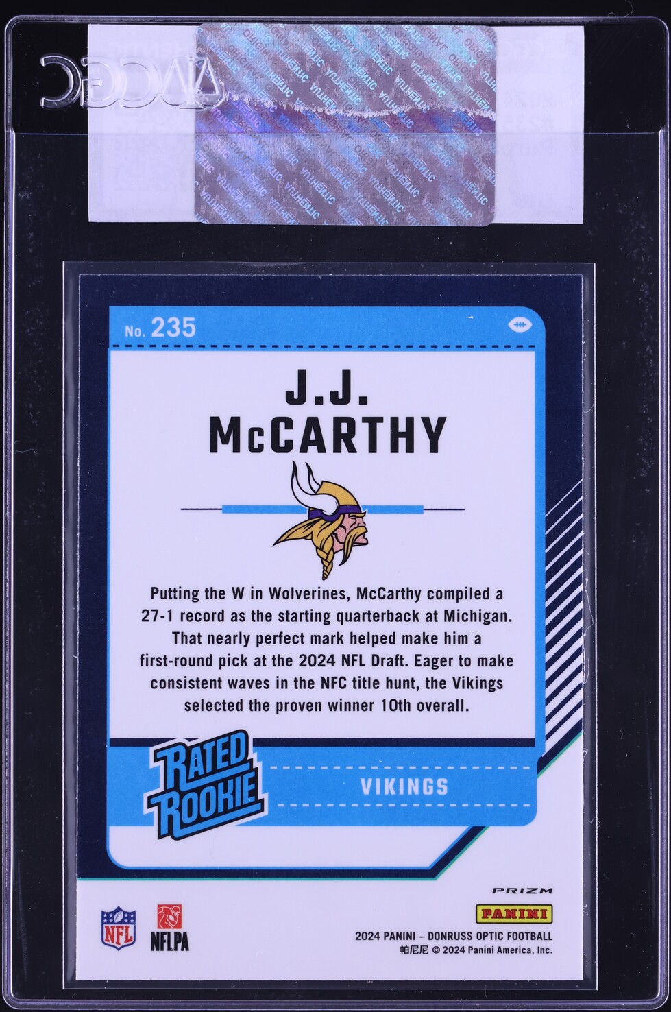 2024 Donruss Optic Purple Shock JJ McCarthy ROOKIE #235 CGC AUTH