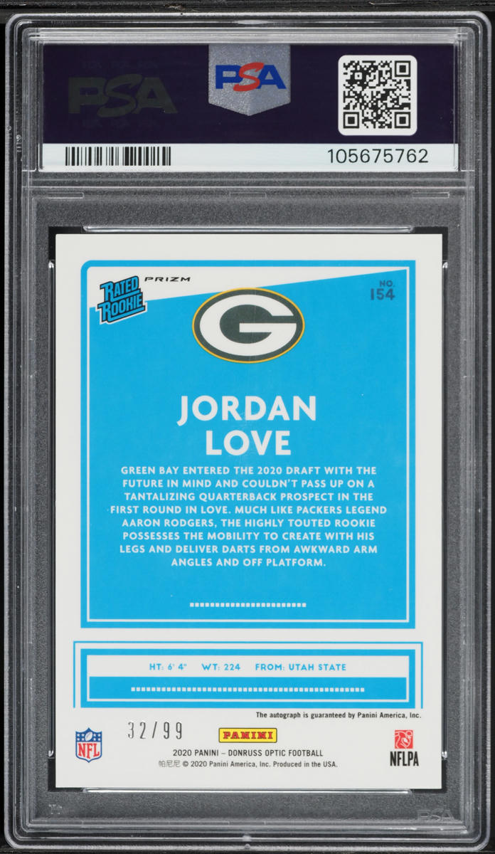 2020 Donruss Optic Holo Jordan Love ROOKIE AUTO /99 #154 PSA 9 MINT