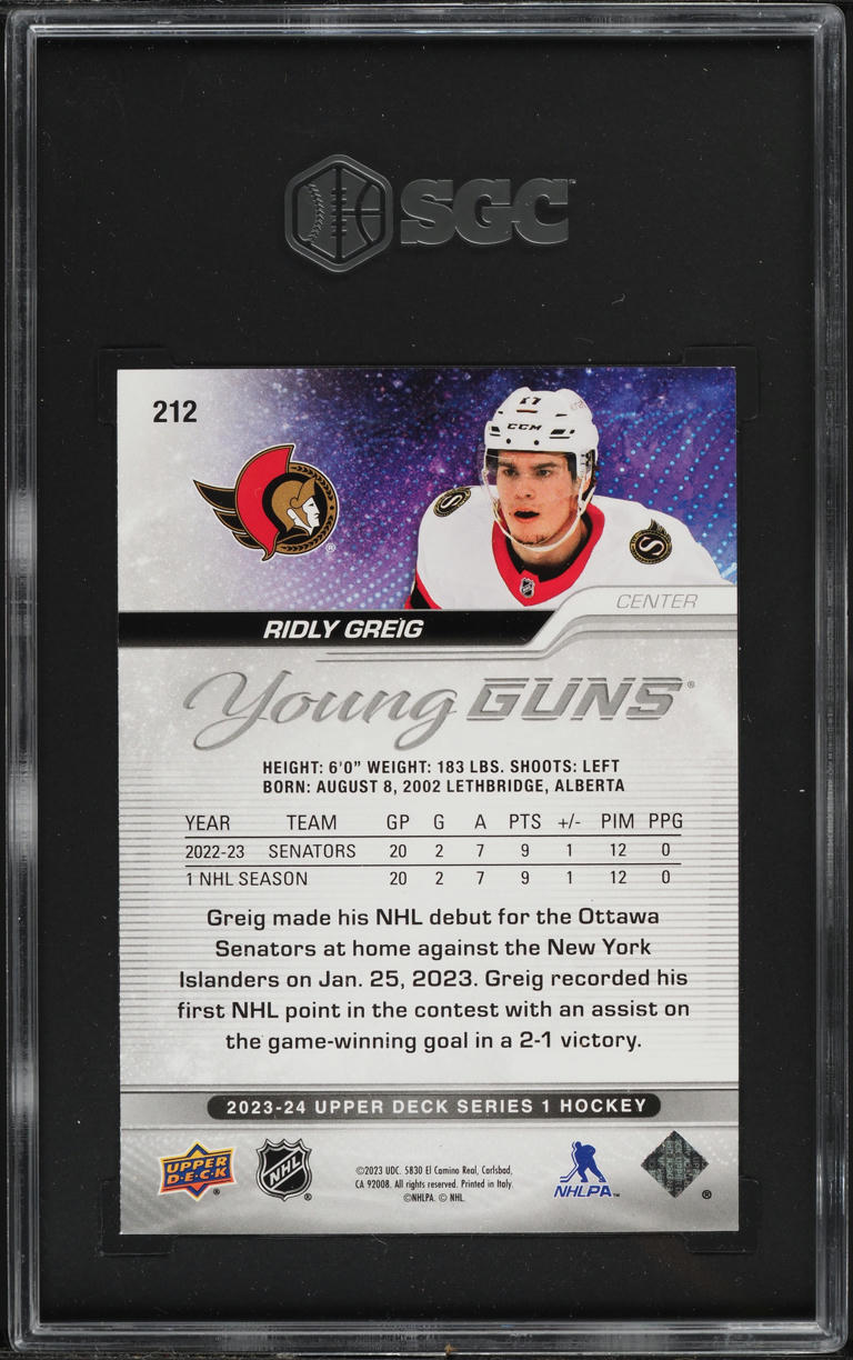 2023 Upper Deck Young Guns Ridly Greig ROOKIE #212 SGC 10 GEM MINT