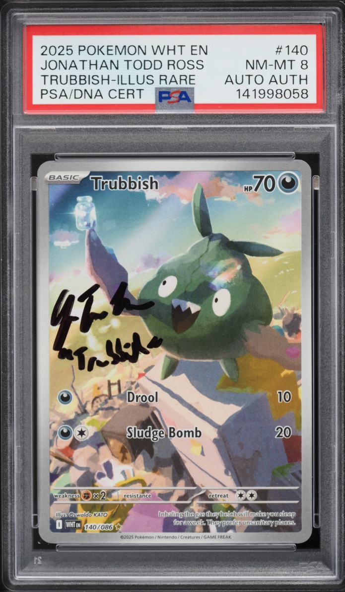 2025 Pokemon Scarlet & Violet White Flare IR Trubbish Jonathan Todd Ross AUTO #140 PSA 8 NM-MT