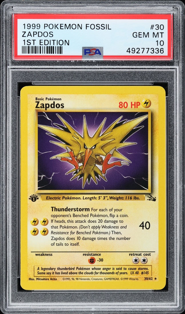 1999 Pokemon Fossil 1st Edition Zapdos #30 PSA 10 GEM MINT